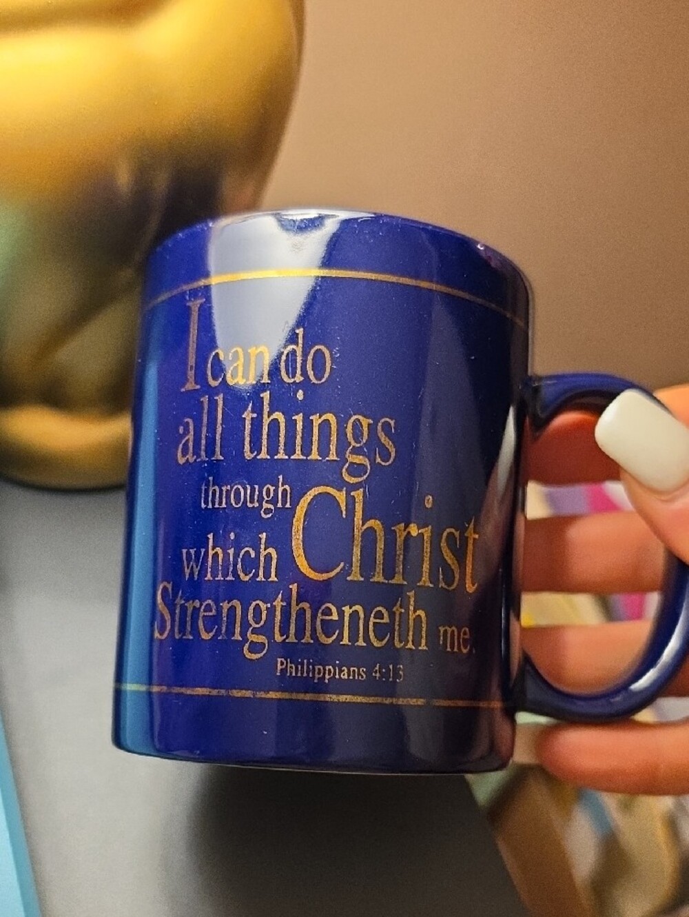 Navy Blue Ceramic Inspirational Mug with Gold Lettering